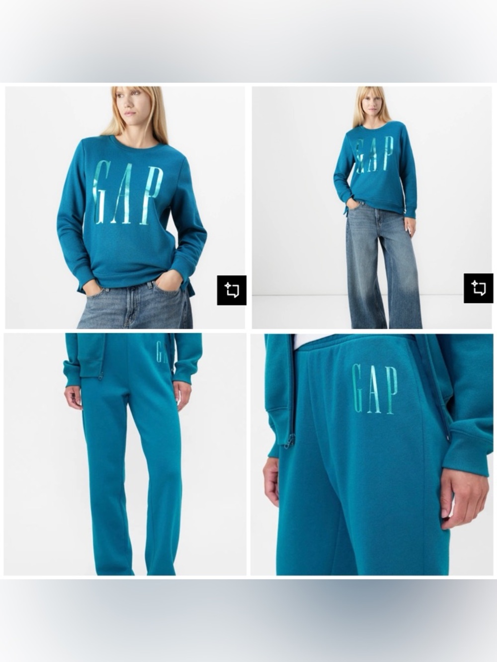 NWT $110 GAP Women XS S Teal Logo Sweatshirt and Sweat Pants Set comfy stylish